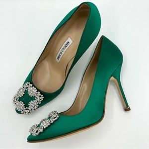 Manolo Blahnik Hangisi 90 Pump Heels Satin 35 Green Jewel NWT
